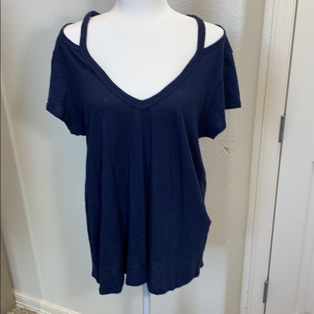 Anthropologie left of center cold shoulder blue LG
